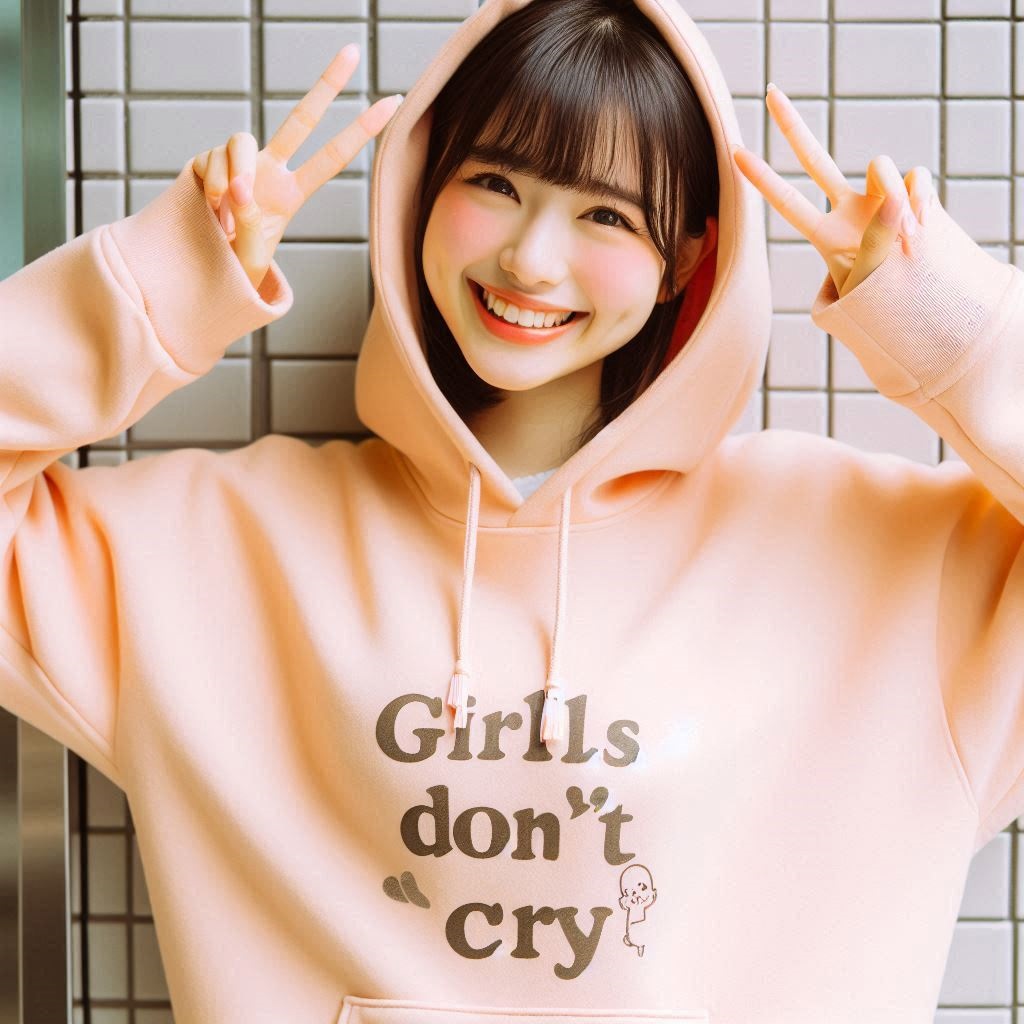 girls dont cryのパーカーを着て嬉しそうな若い日本人女性