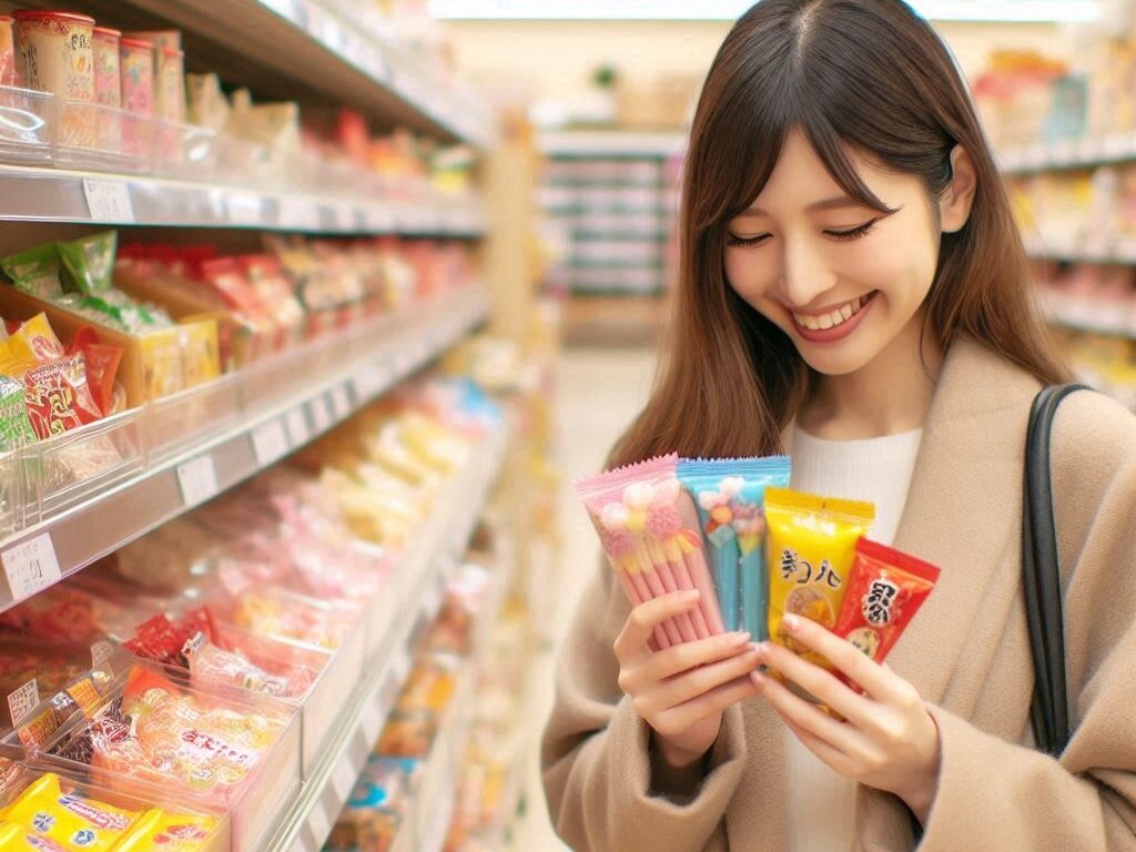 スーパーでお菓子を選ぶ女性