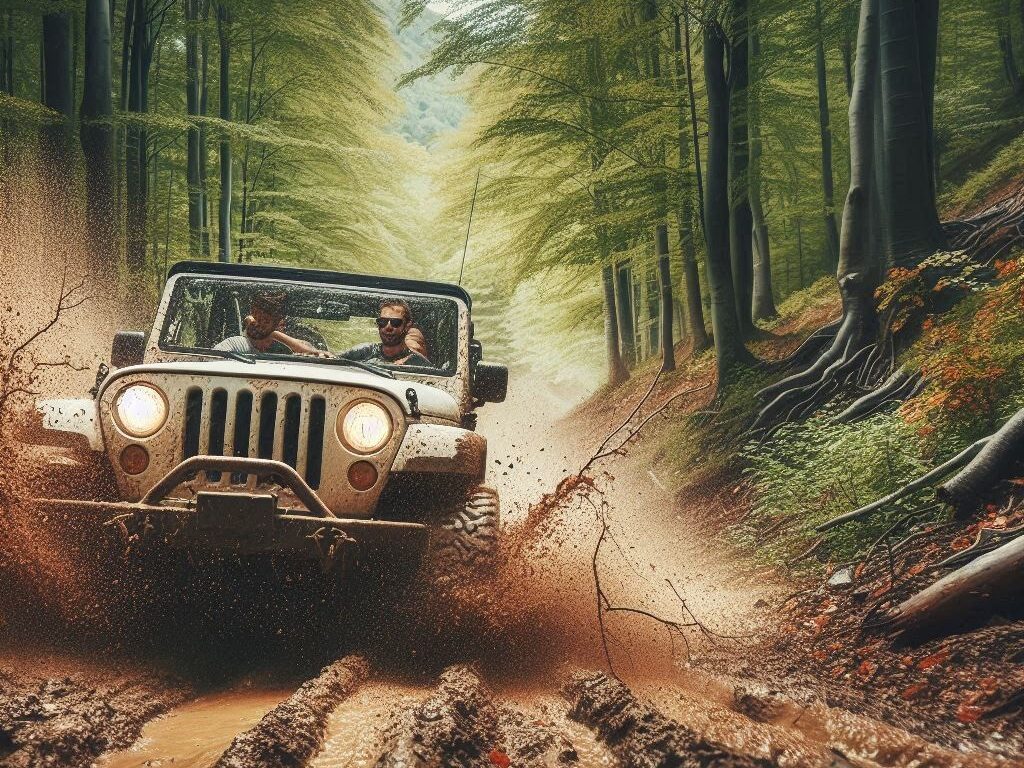 jeepで山道を走るアメリカ人