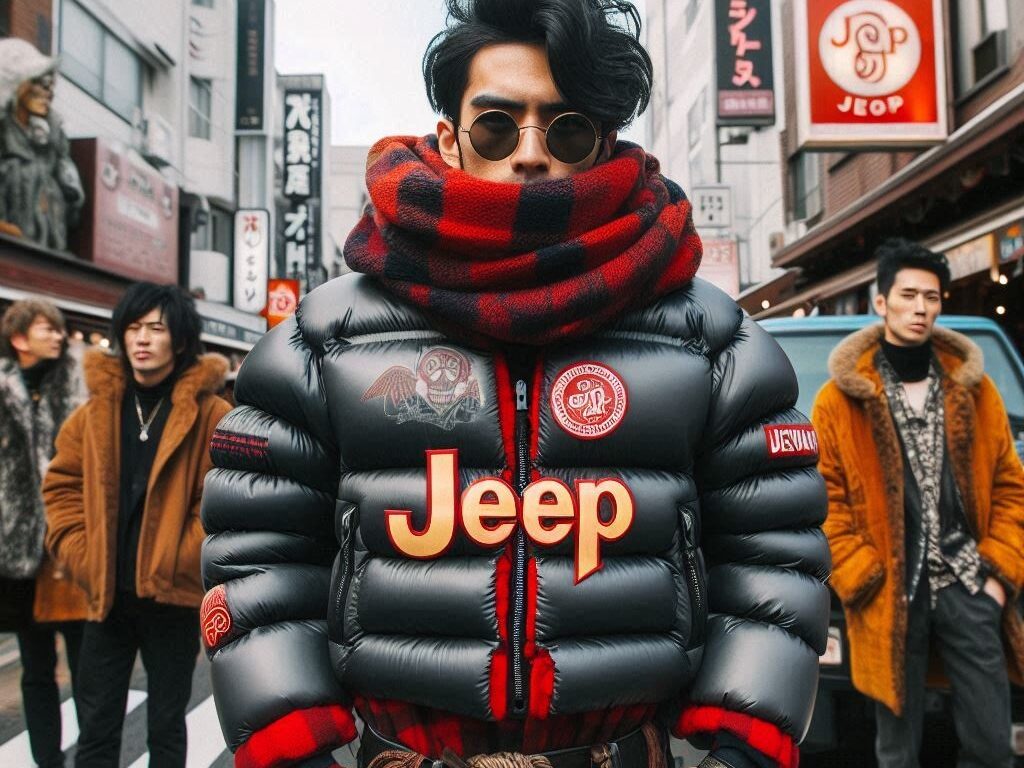 jeepのダウンジャケットを着て個性的なファッションの日本人男性