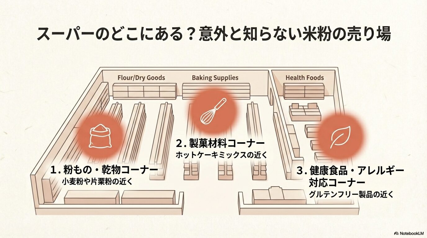 スーパーマーケット店内で米粉が置かれている3つの売り場（粉もの、製菓、健康食品コーナー）の解説