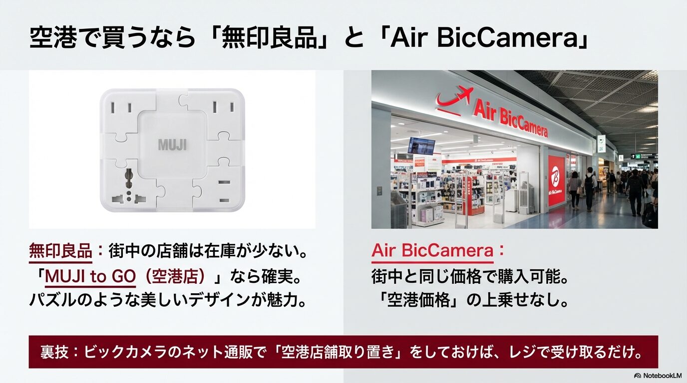 空港で購入できる無印良品のトラベル用変換プラグとAir BicCameraの店舗活用メリット