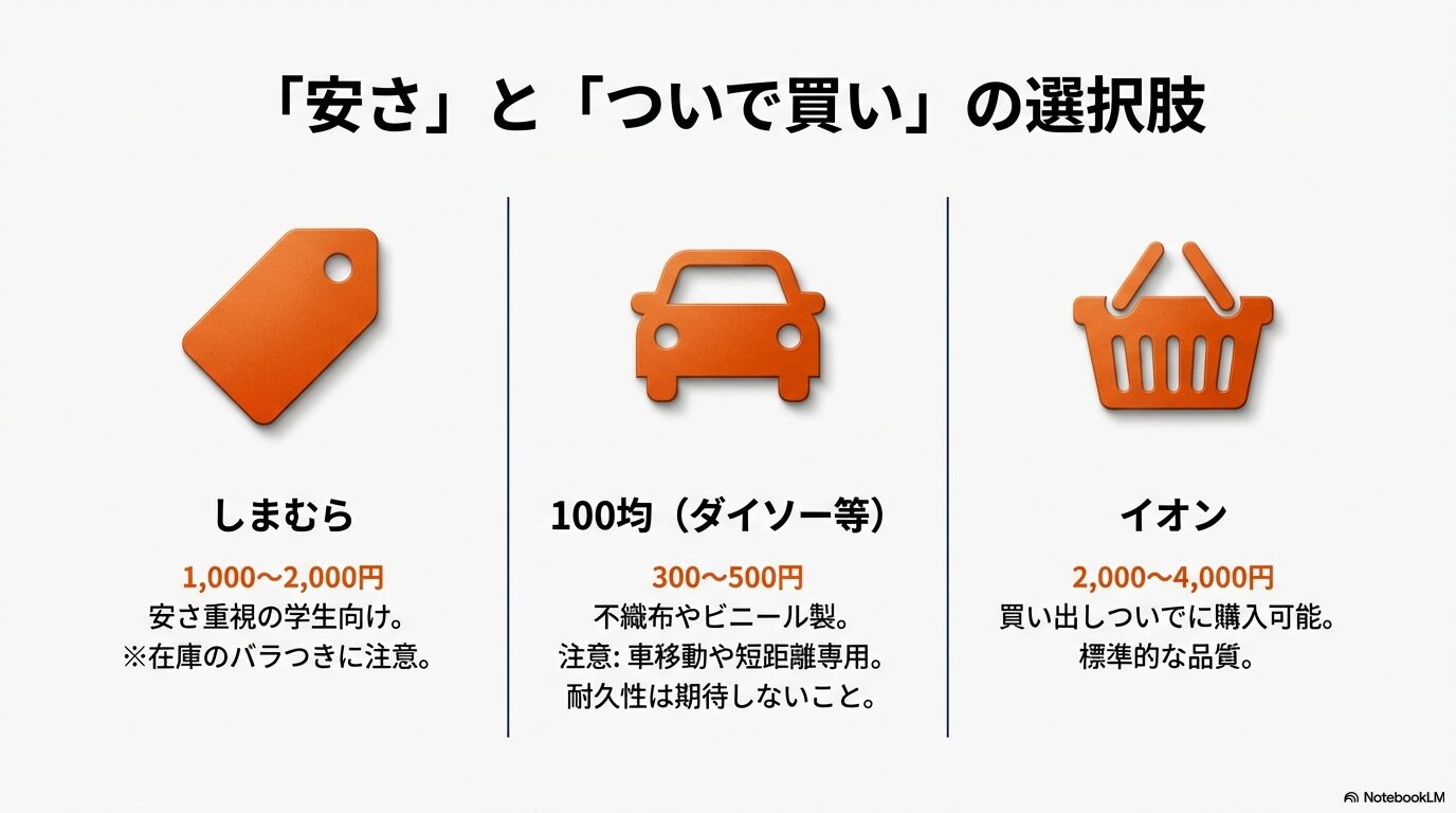 安さ重視のガーメントバッグ比較：しまむら・100均・イオンの特徴と価格帯