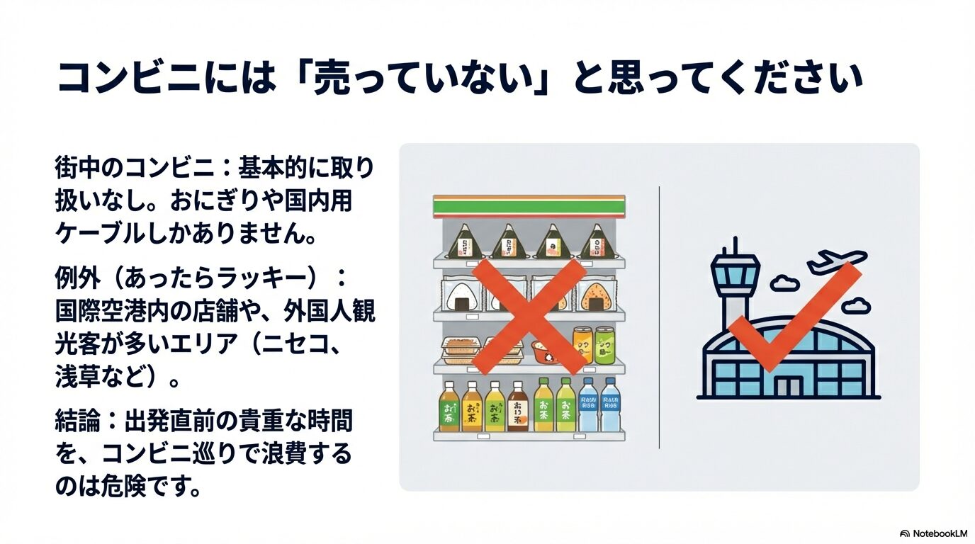街中のコンビニでは海外用変換プラグは取り扱っておらず、あるとすれば空港内の店舗のみという解説