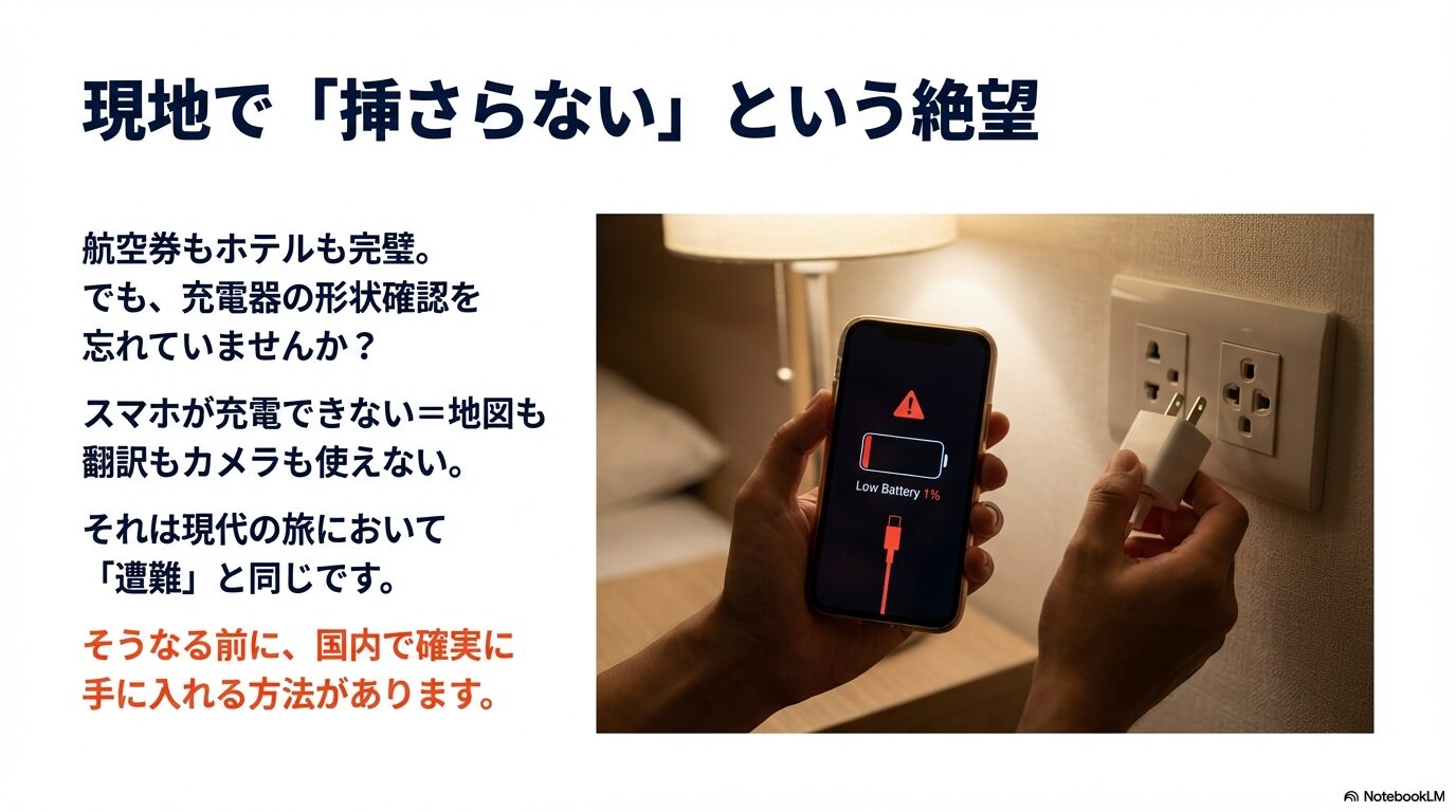 海外現地でコンセント形状が合わずにスマホが充電できずバッテリー切れになるトラブルのイメージ