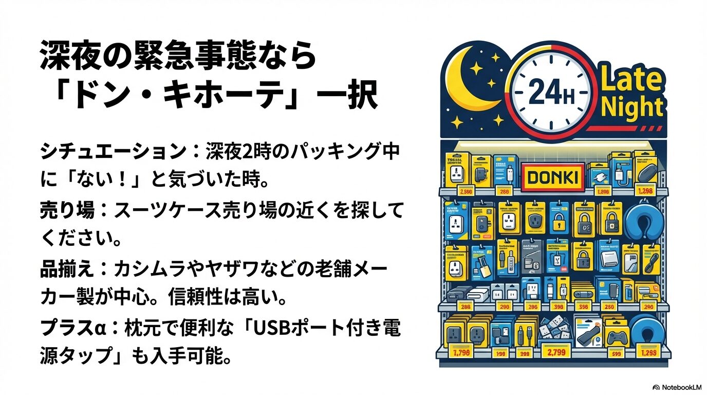 深夜の緊急事態でも購入可能なドン・キホーテのトラベルグッズ売り場と営業時間のメリット