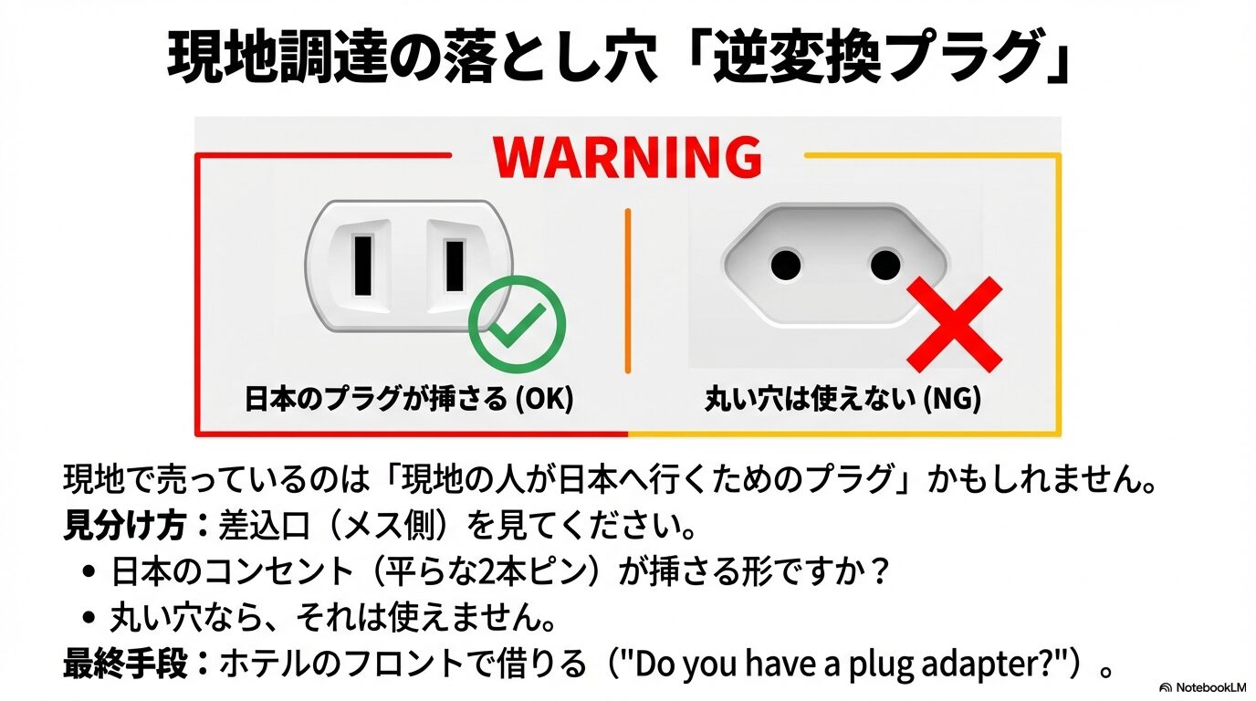 海外現地で購入する際に注意すべき逆変換プラグ（現地の人が日本へ行くためのプラグ）の見分け方図解