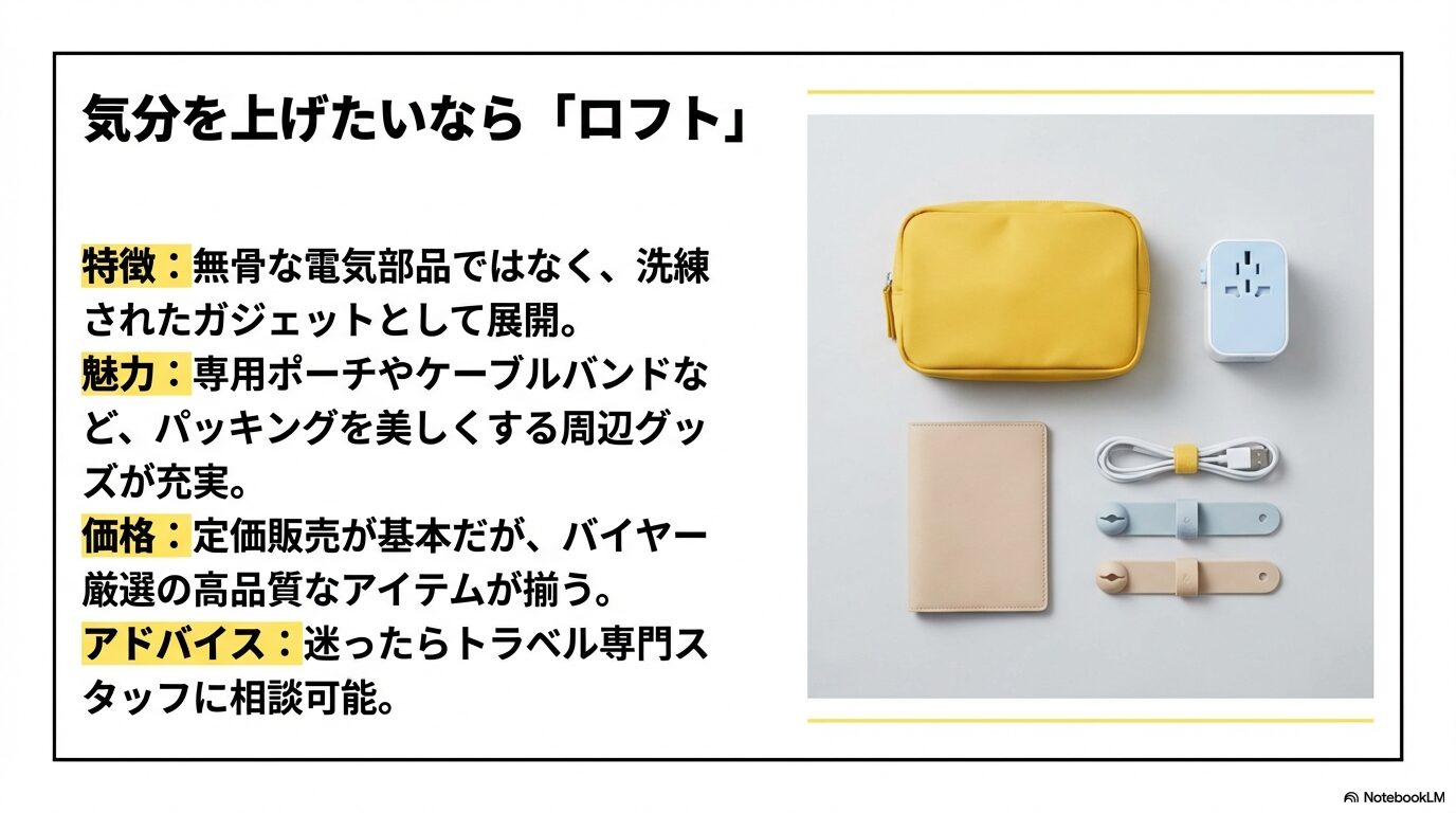 ロフトで販売されているデザイン性の高い変換プラグと収納ポーチなどの周辺グッズ