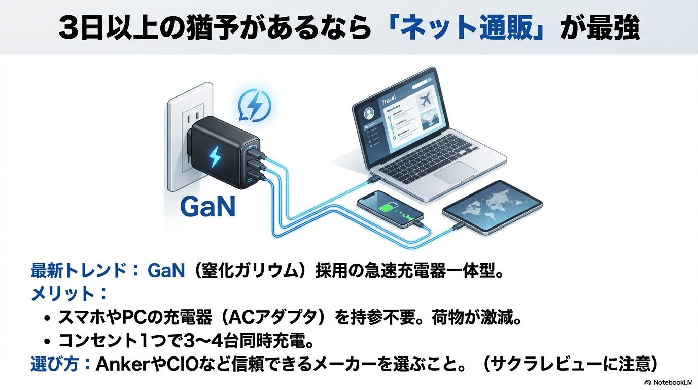 ネット通販で購入できるGaN（窒化ガリウム）採用の急速充電器一体型マルチプラグの解説図