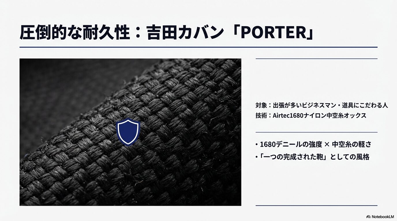 吉田カバンPORTERガーメントケース：防弾チョッキにも使われるAirtec1680ナイロンの耐久性