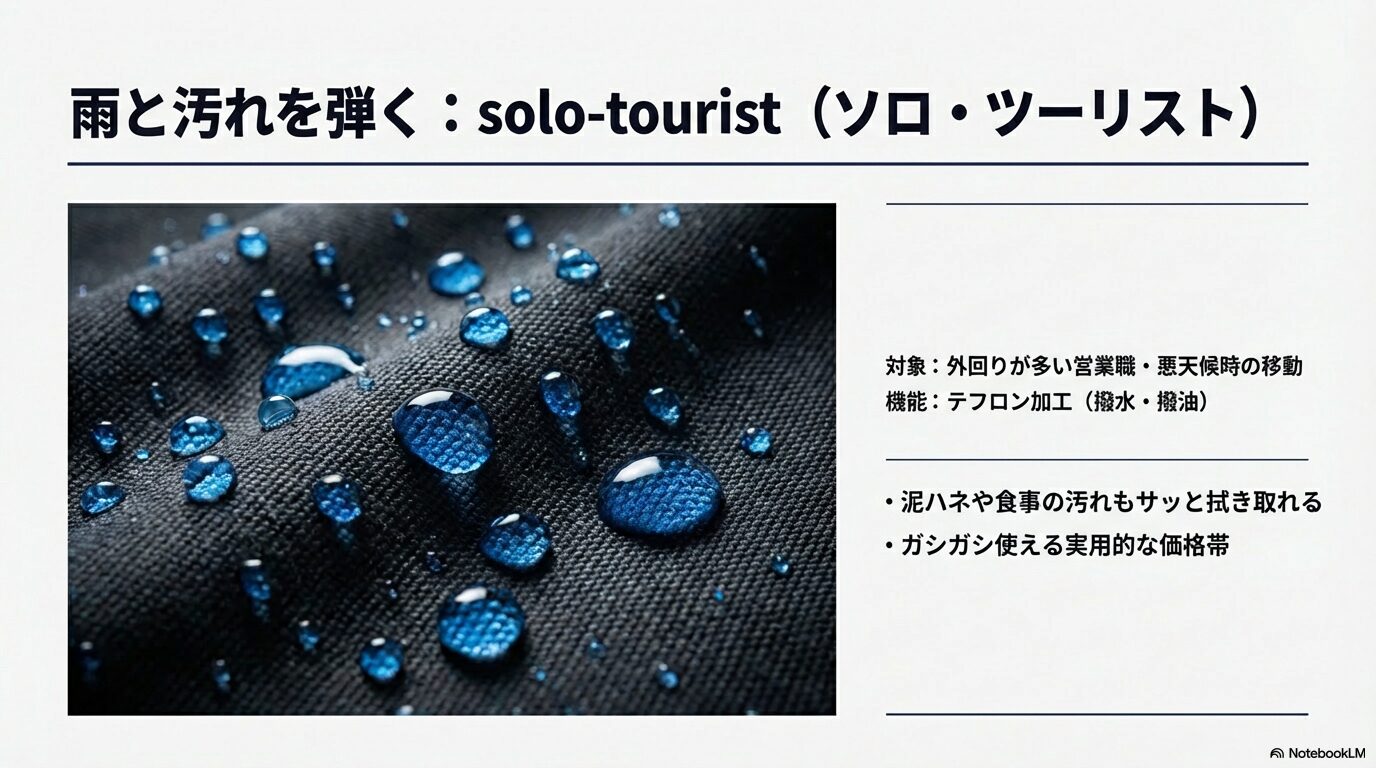ソロ・ツーリストのガーメントバッグ：テフロン加工で雨と汚れを強力に弾く様子