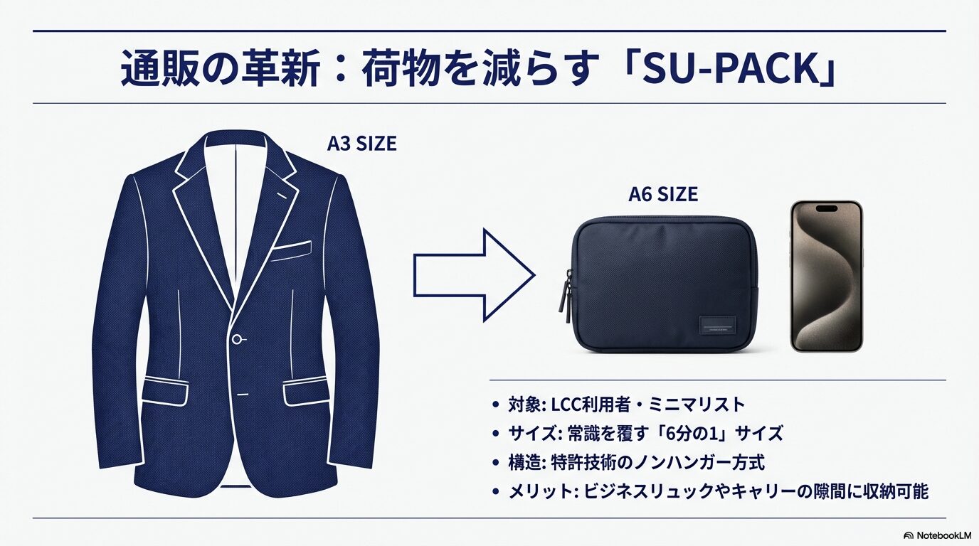 SU-PACKの1/6サイズ収納技術：スーツを小さく畳めるノンハンガー方式の仕組み