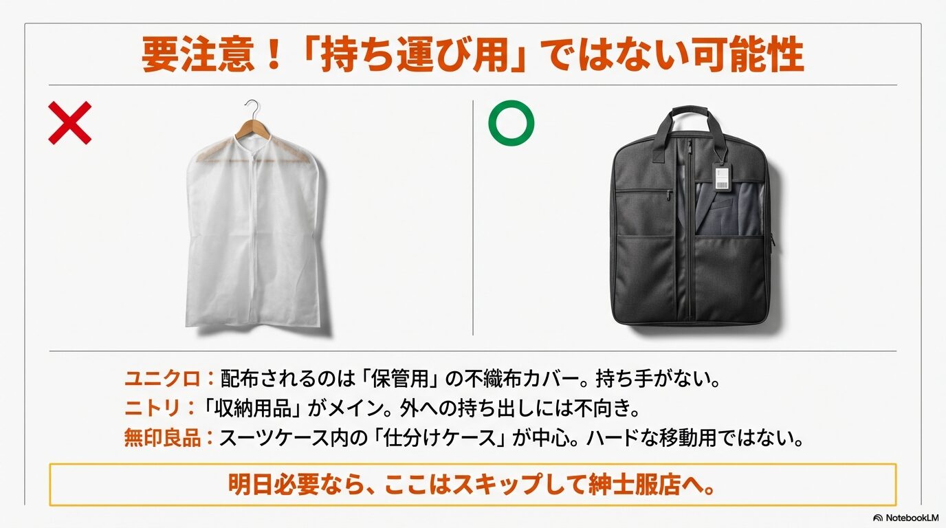 ユニクロや無印良品のガーメントカバーは持ち運び用ではない可能性が高い点に注意
