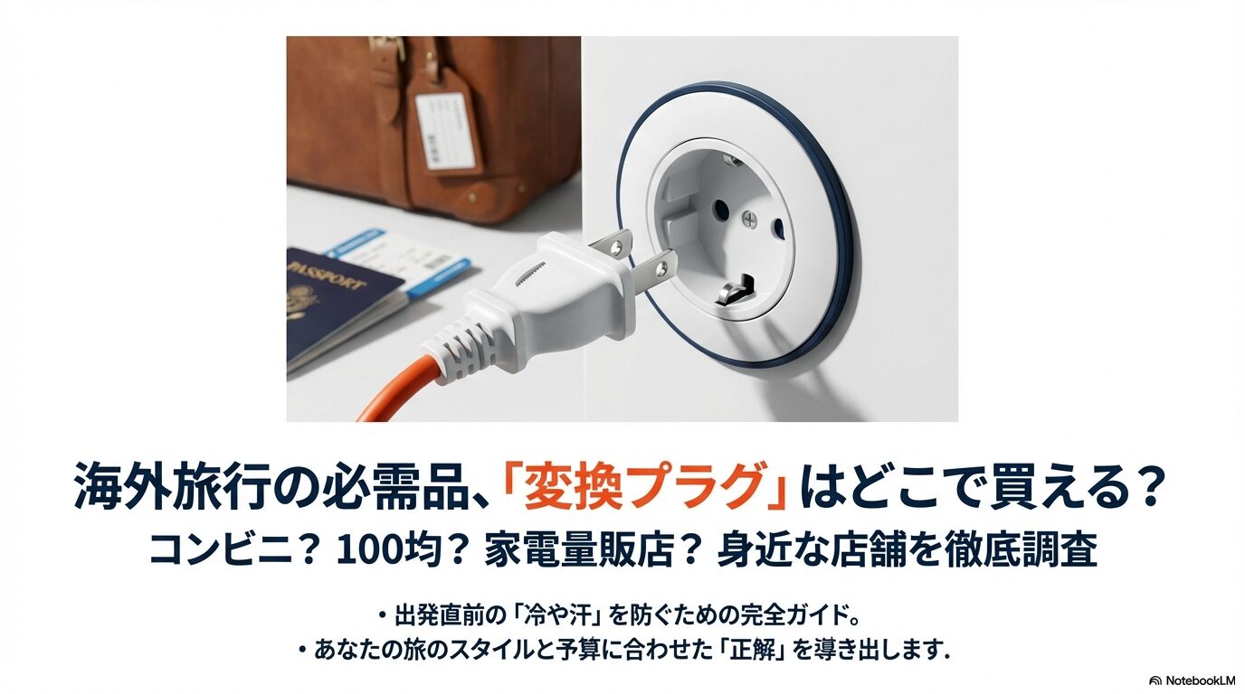 海外旅行の必需品である変換プラグがコンビニや100均、家電量販店のどこで買えるかを調査した記事の表紙